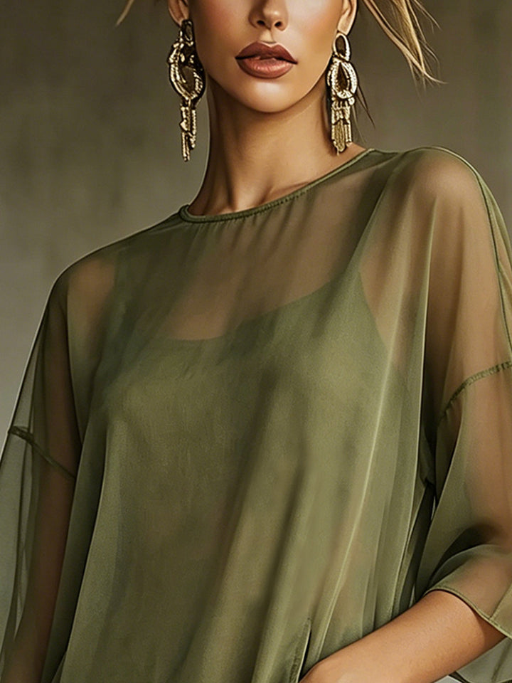 Olive Chiffon Mini Dress With Fringe Hem