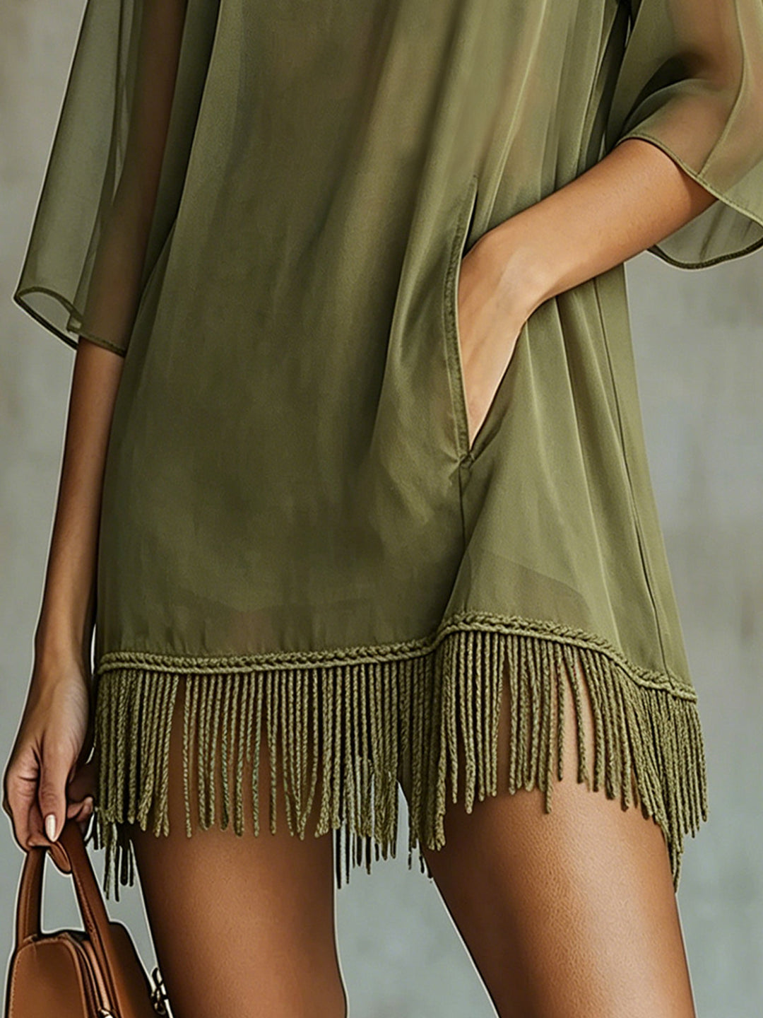 Olive Chiffon Mini Dress With Fringe Hem