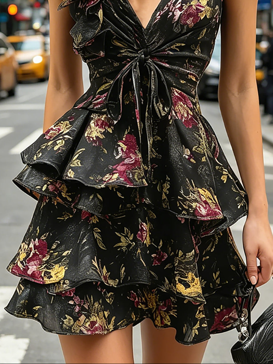 One-Shoulder Ruffled Tie-Waist Floral Dress