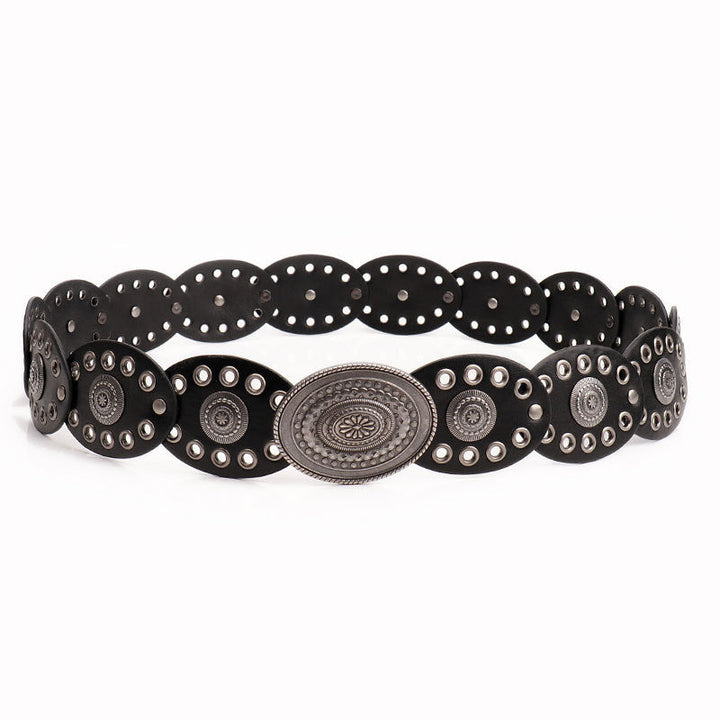 Oval stitching waist belt with large round pattern alloy buckle