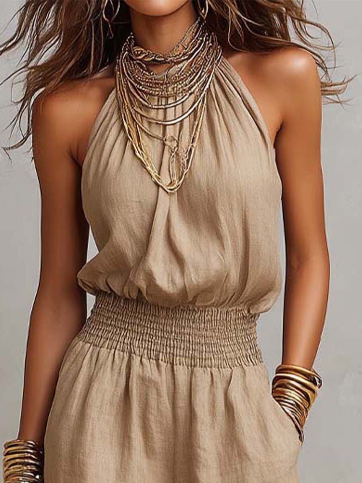 Khaki Halter-Neck Waist-Cinching Jumpsuit