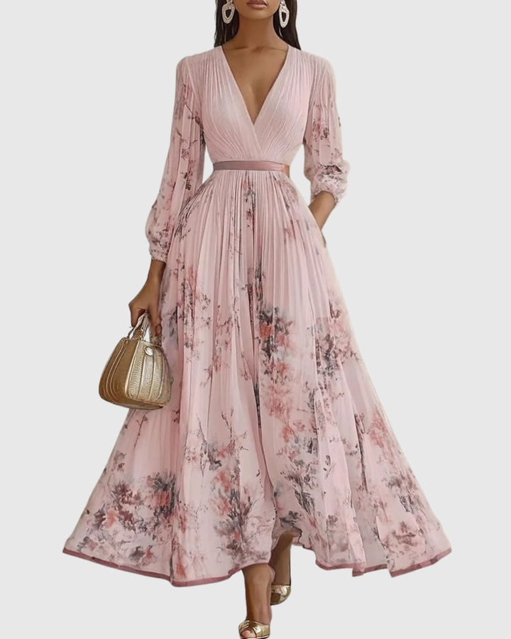 Rowella™ Elegant Pleated Maxi Dress – Defined Waist &amp; Flowy Silhouette
