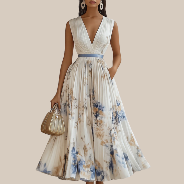 Rowella™ Elegant Pleated Maxi Dress – Defined Waist &amp; Flowy Silhouette