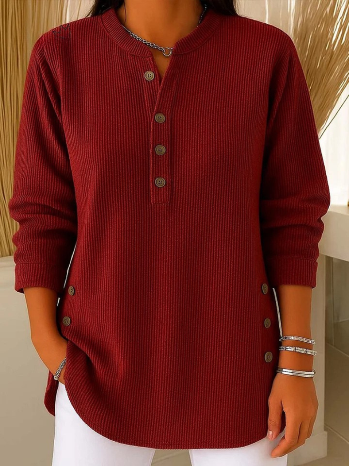 Avenelle- Casual Ribbed Long Sleeve Henley Top