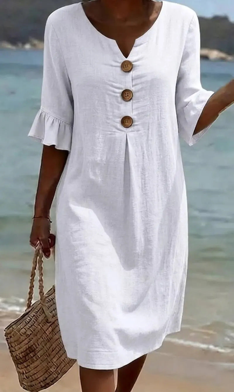 BreezeLinen™ Floral Cotton Midi Dress – Breathable Fit & Effortless Summer Style
