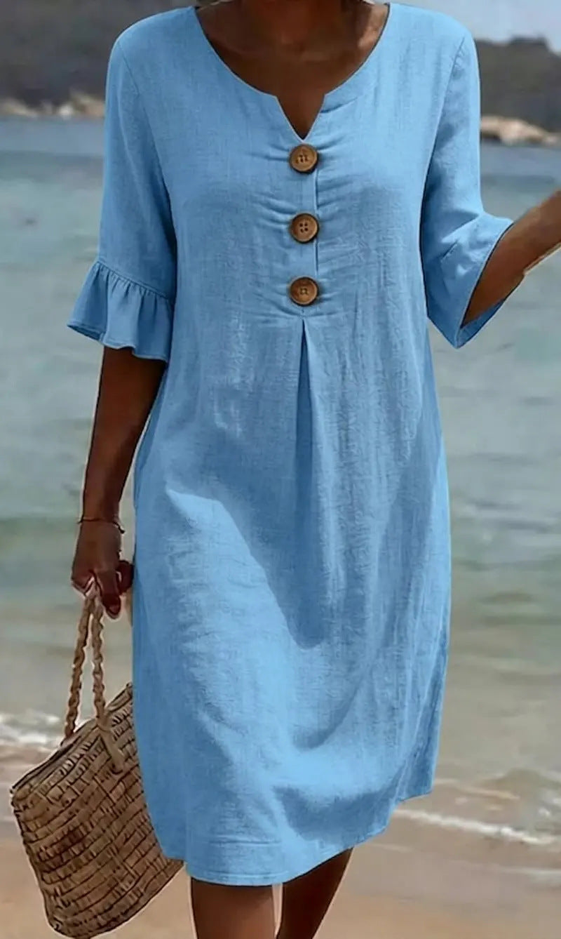 BreezeLinen™ Floral Cotton Midi Dress – Breathable Fit & Effortless Summer Style