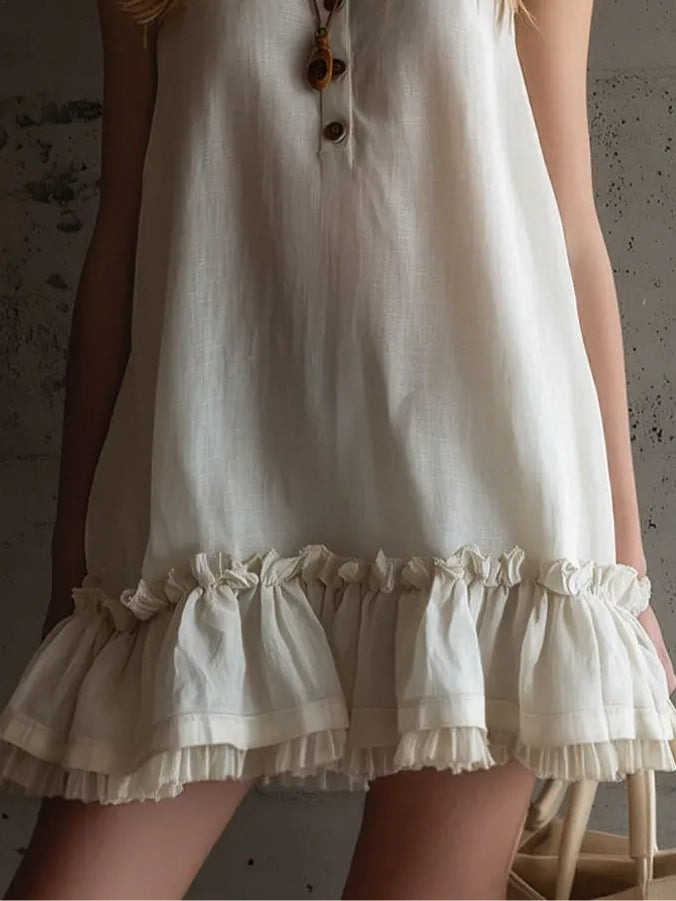 Minimalist Faux Cotton-Linen Mini Dress with Lace Trim
