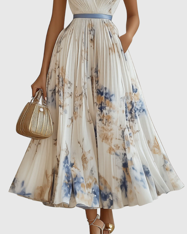 Rowella™ Elegant Pleated Maxi Dress – Defined Waist &amp; Flowy Silhouette