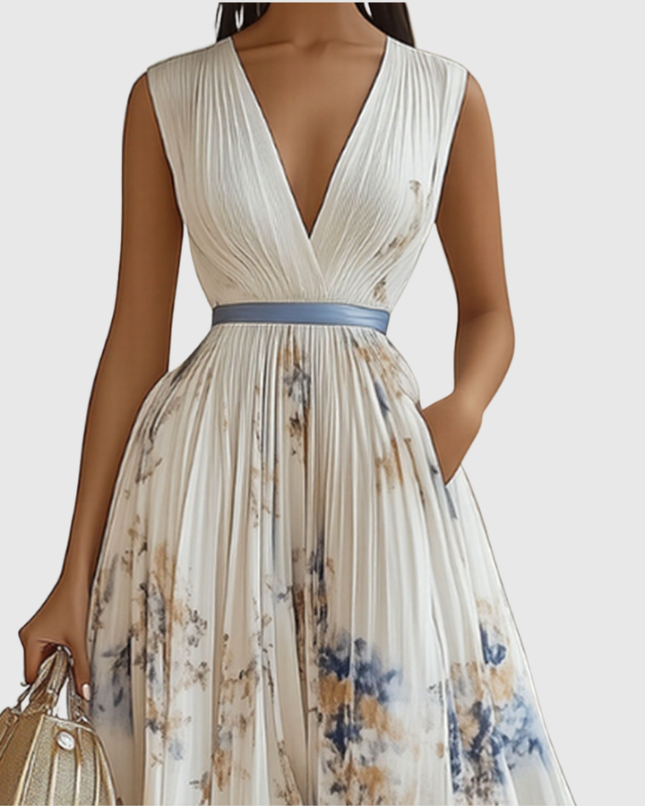 Rowella™ Elegant Pleated Maxi Dress – Defined Waist &amp; Flowy Silhouette