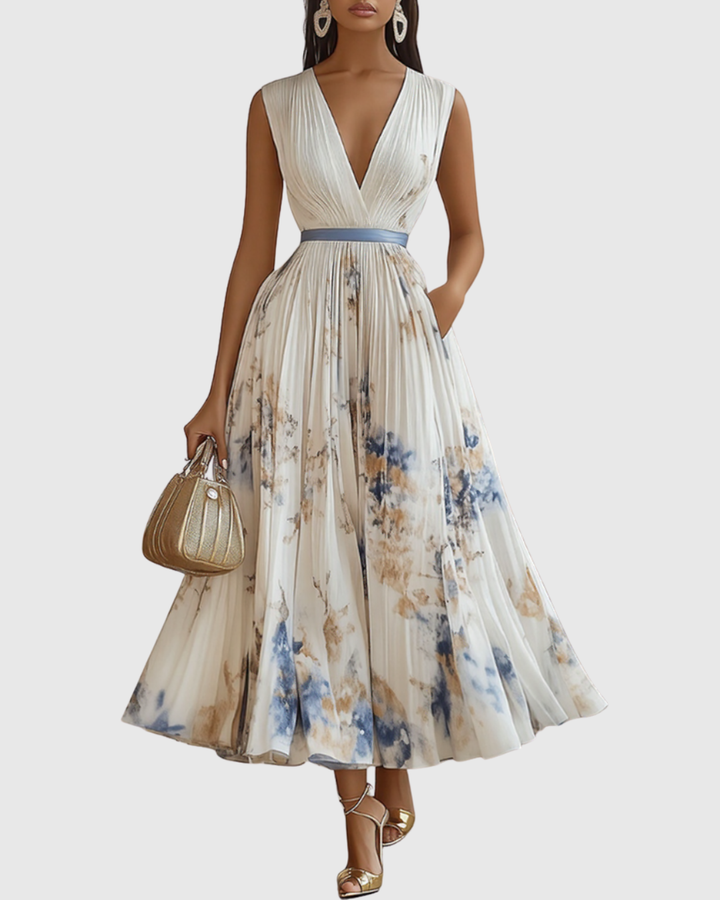 Rowella™ Elegant Pleated Maxi Dress – Defined Waist &amp; Flowy Silhouette