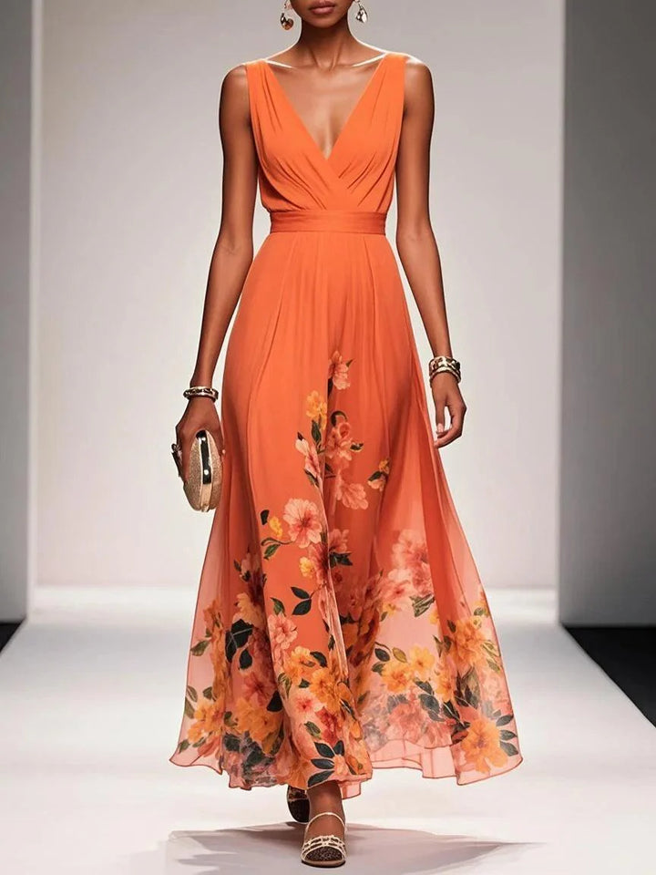 Light Blue Floral Chiffon V Neck Sleeveless A-Line Maxi Dress