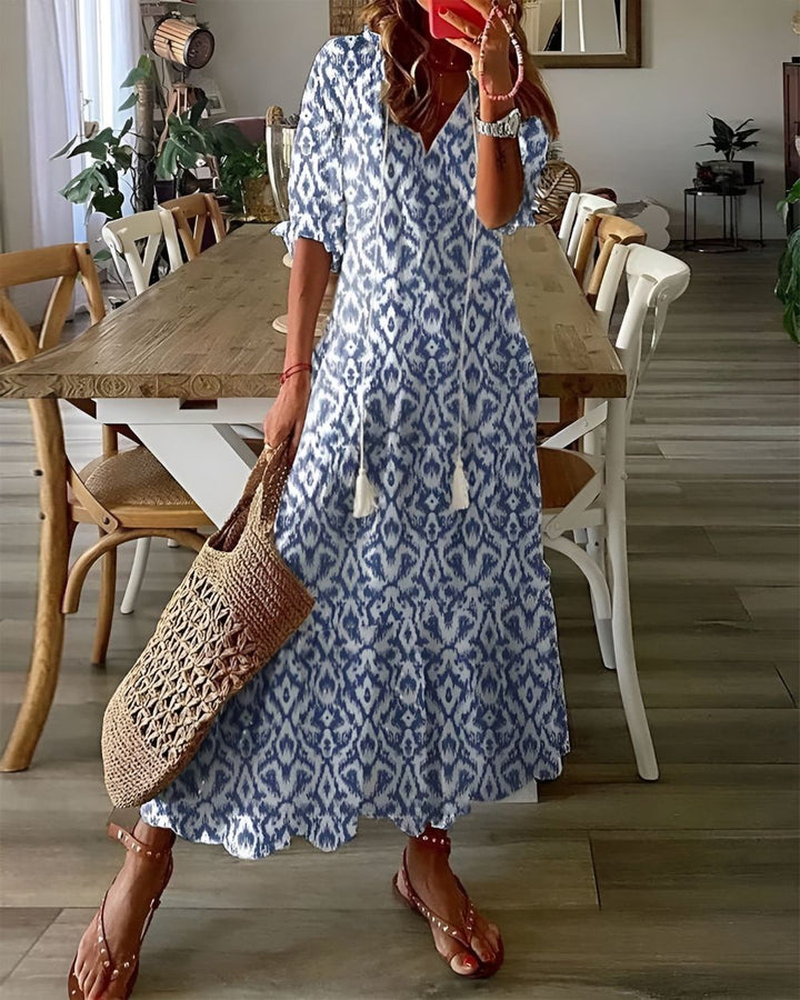 Maxi Dress for Women – Boho V-Neck | Tassel Tie & Short Sleeves