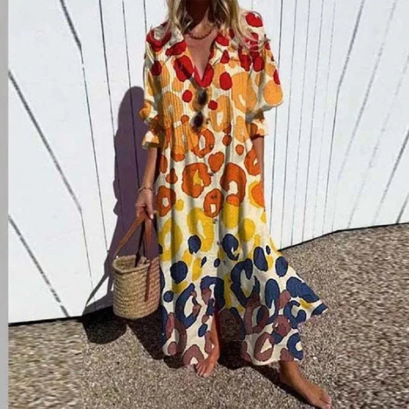 Maxi Dress for Women – Floral Print V-Neck | Long Sleeve & Front Slit