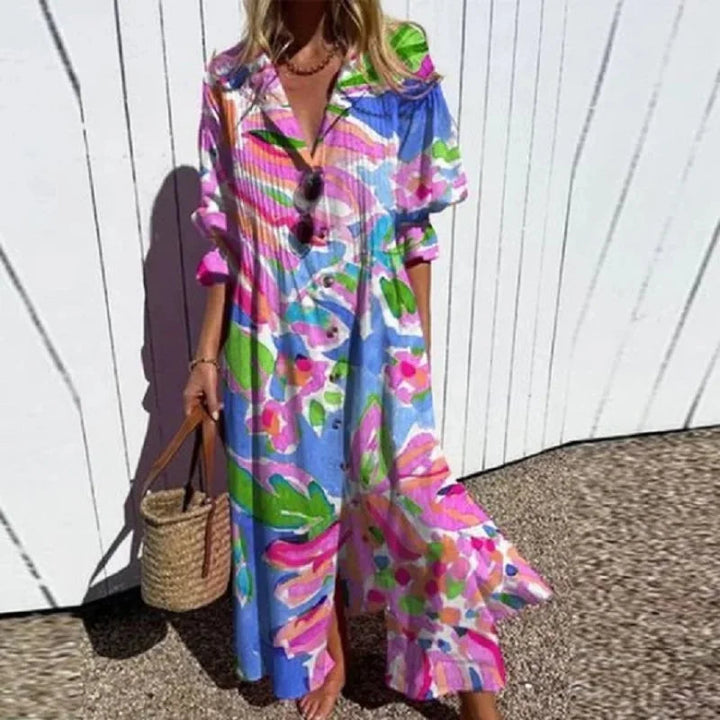 Maxi Dress for Women – Floral Print V-Neck | Long Sleeve & Front Slit