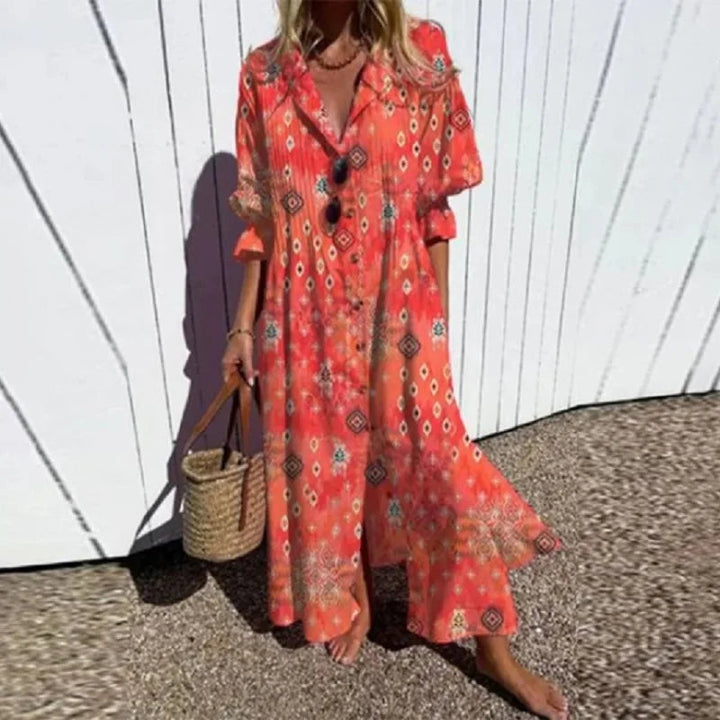 Maxi Dress for Women – Floral Print V-Neck | Long Sleeve & Front Slit