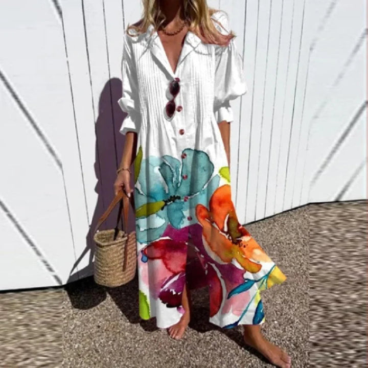 Maxi Dress for Women – Floral Print V-Neck | Long Sleeve & Front Slit