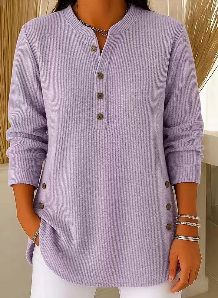Avenelle- Casual Ribbed Long Sleeve Henley Top