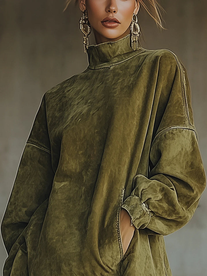 Faux Suede Turtleneck Dress With Fringe Hem