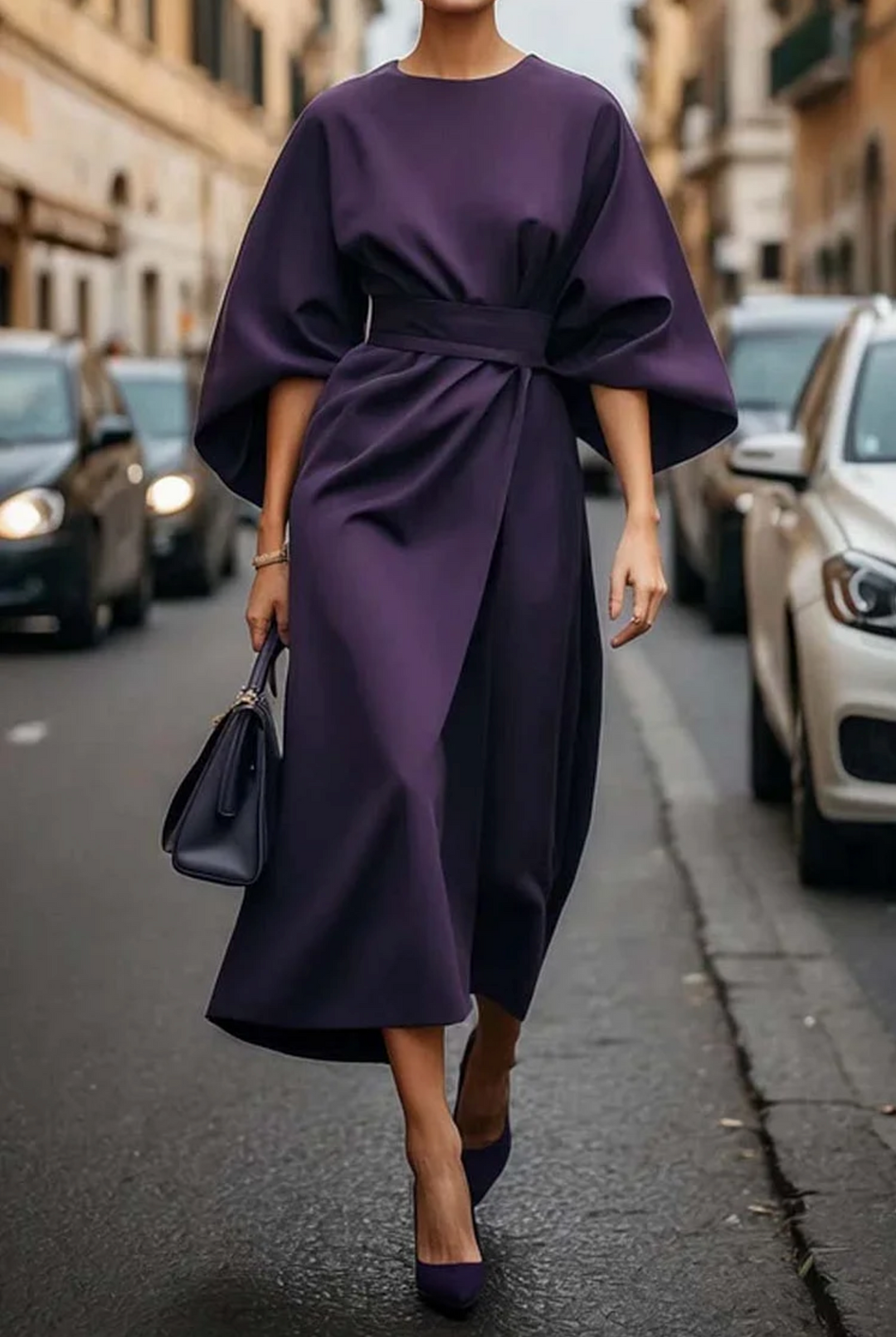 Elegant Dress with Lantern Sleeves and Belt - Tummy Control
