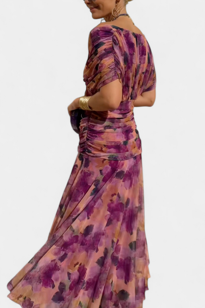Elegant Knee Length Dress Deep V Neck Ruched Waist