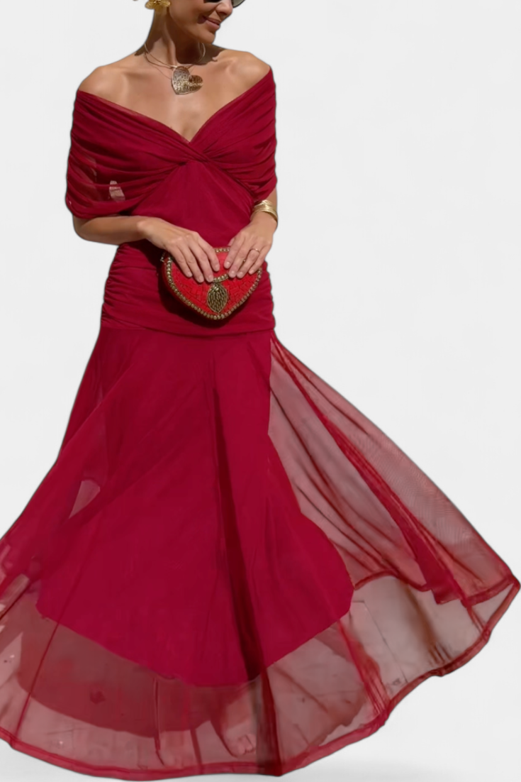 Elegant Knee Length Dress Deep V Neck Ruched Waist