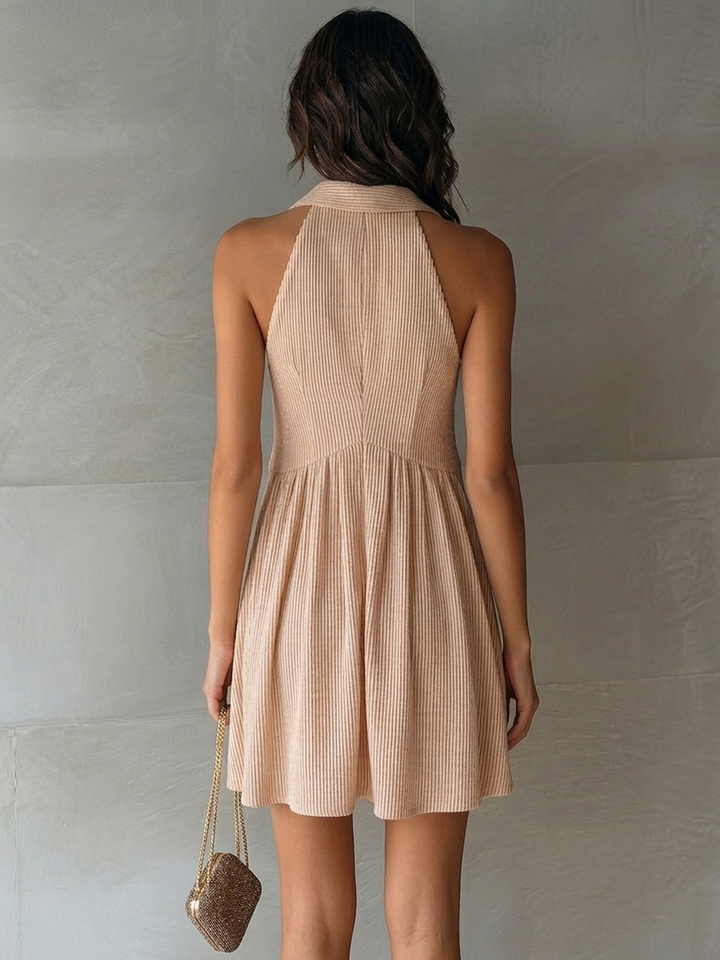 Nude Pink Vertical Striped Collared Sleeveless Mini Dress