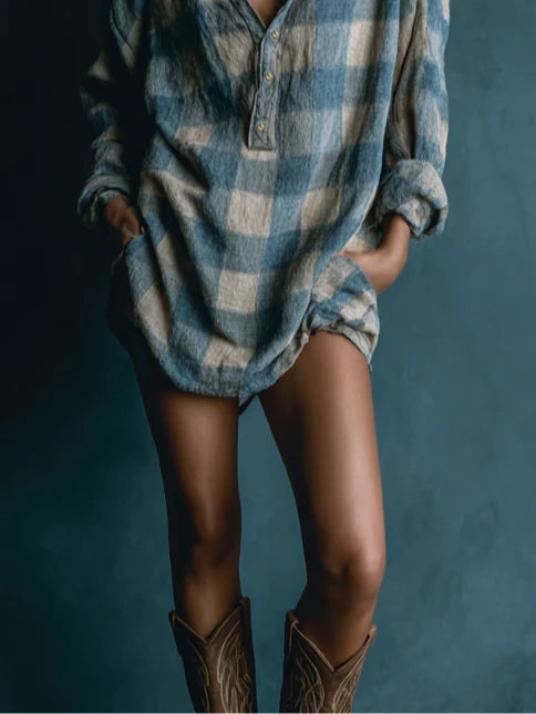 Blue And White Loose Plaid Henley Neck Long Sleeve Mini Dress