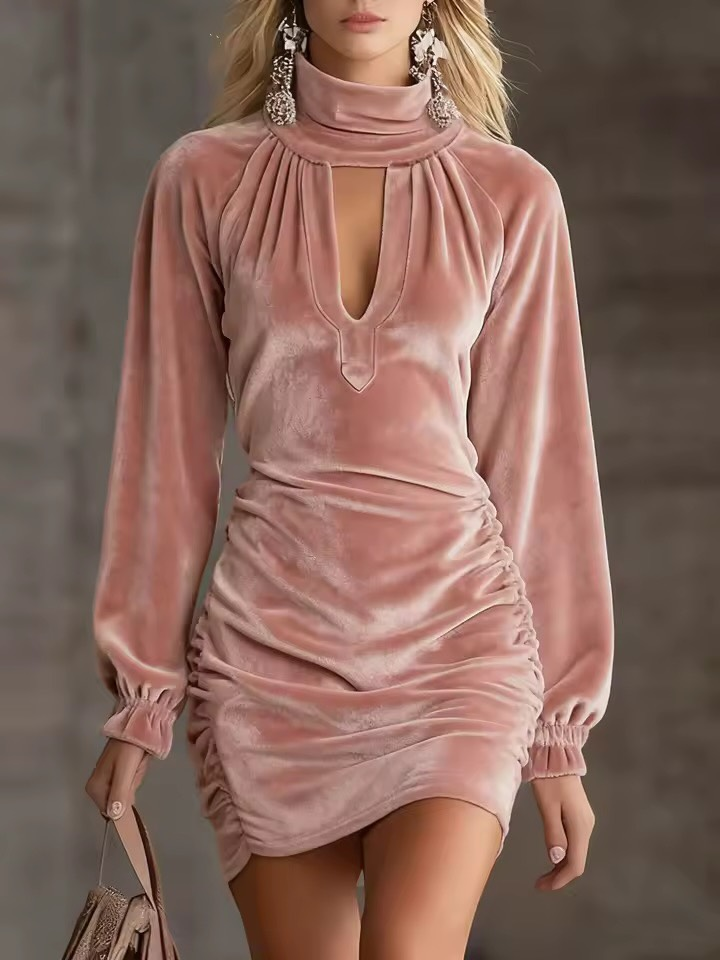 Velvet High-neck Cutout Ruched Mini Dress