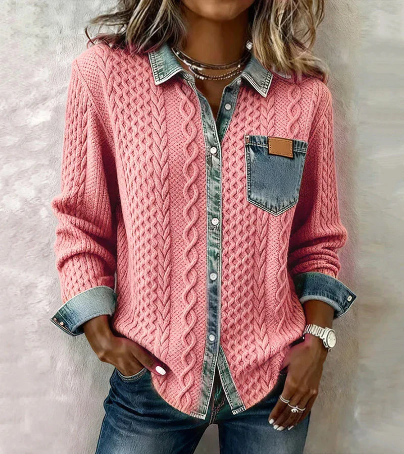 Ashley | Patchwork Knit Top with Denim Details