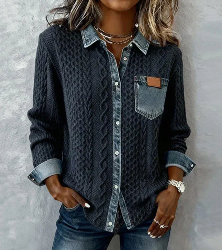 Ashley | Patchwork Knit Top with Denim Details