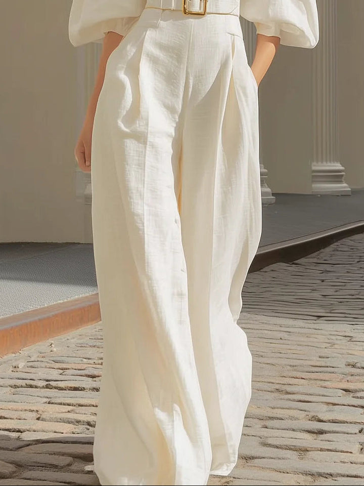 White V-neck lantern sleeve wide-leg jumpsuit（Includes belt）