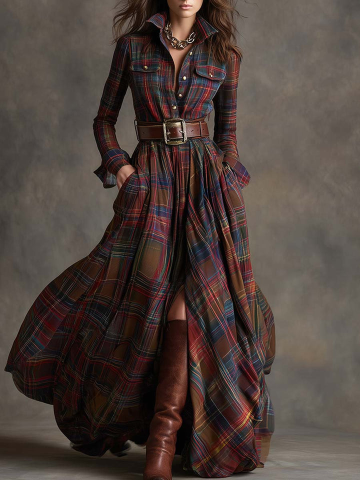 Monica | Brown Plaid Maxi Dress (With Belt)