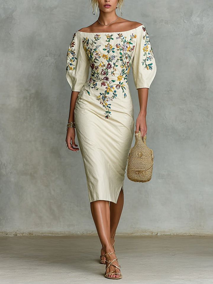 Jayna | Mid-length Dress with Floral Embroidery