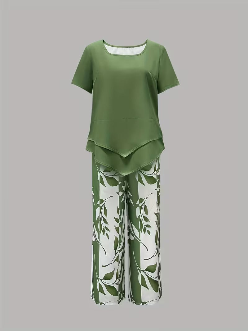 Casual Leaf Print Two Piece Set