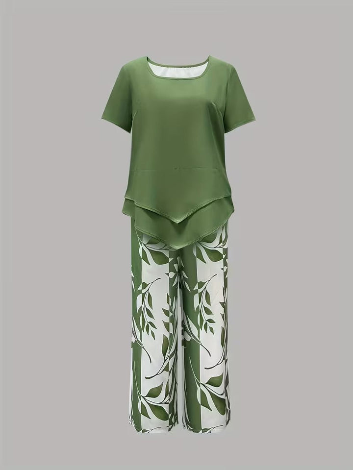 Casual Leaf Print Two Piece Set