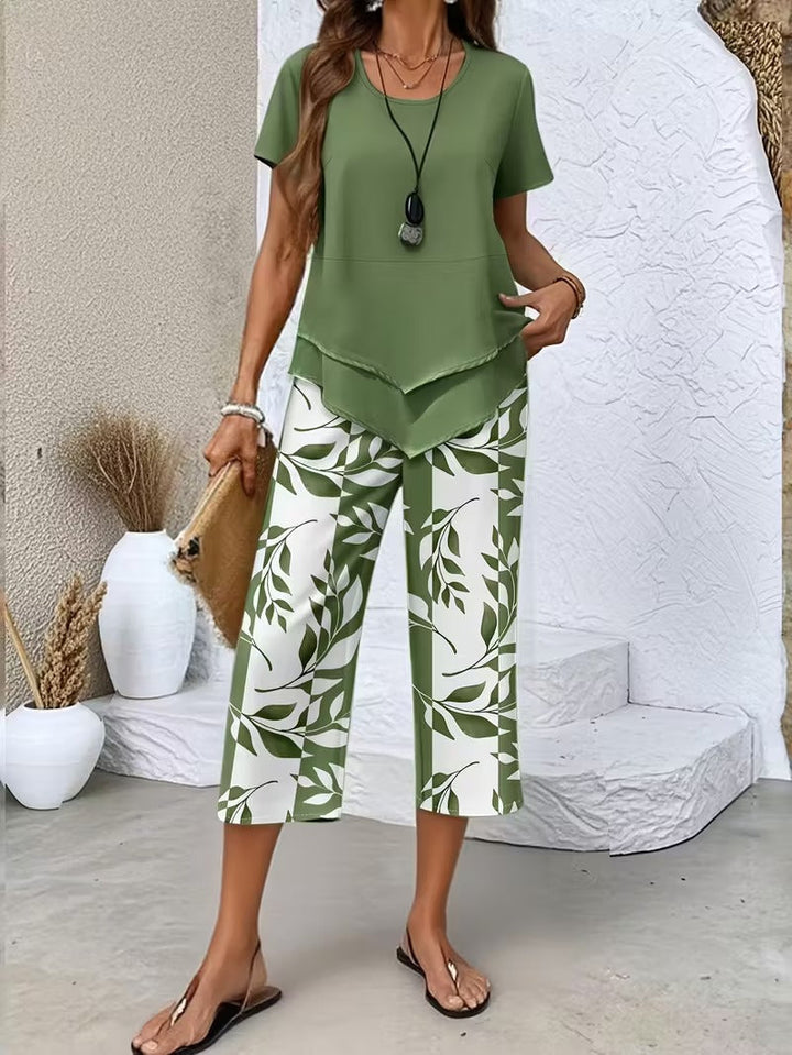 Casual Leaf Print Two Piece Set