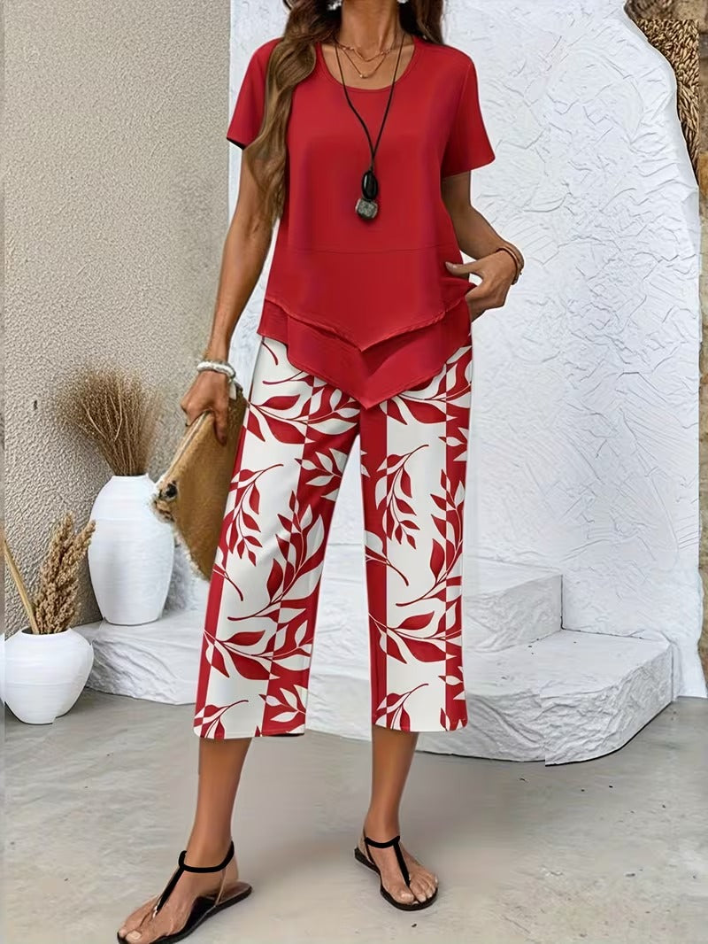 Casual Leaf Print Two Piece Set