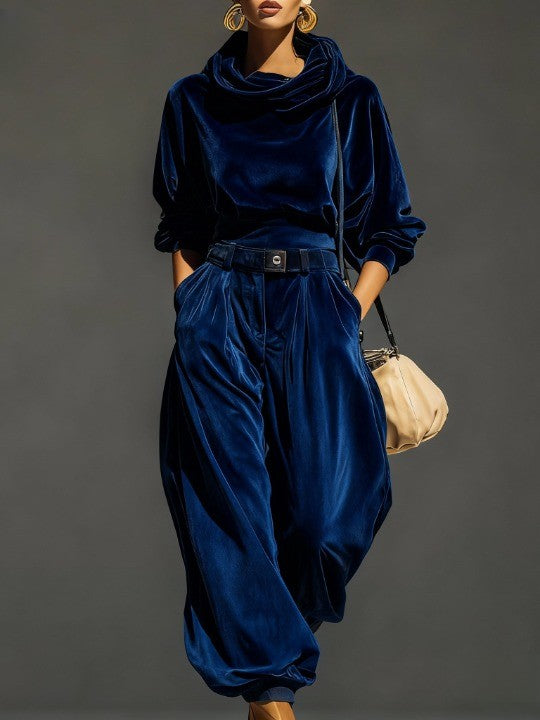 Vintage brown velvet hoodie and loose-fitting trousers set（Includes belt）