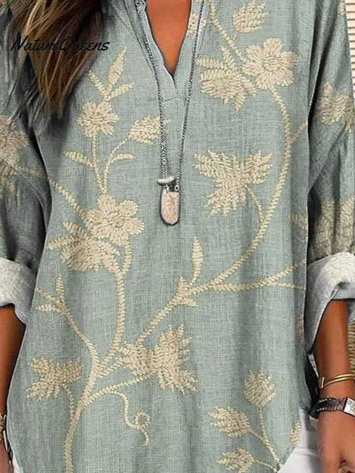 Women's Vintage Lovely Floral Art Print Casual Linen V-neck Shirt