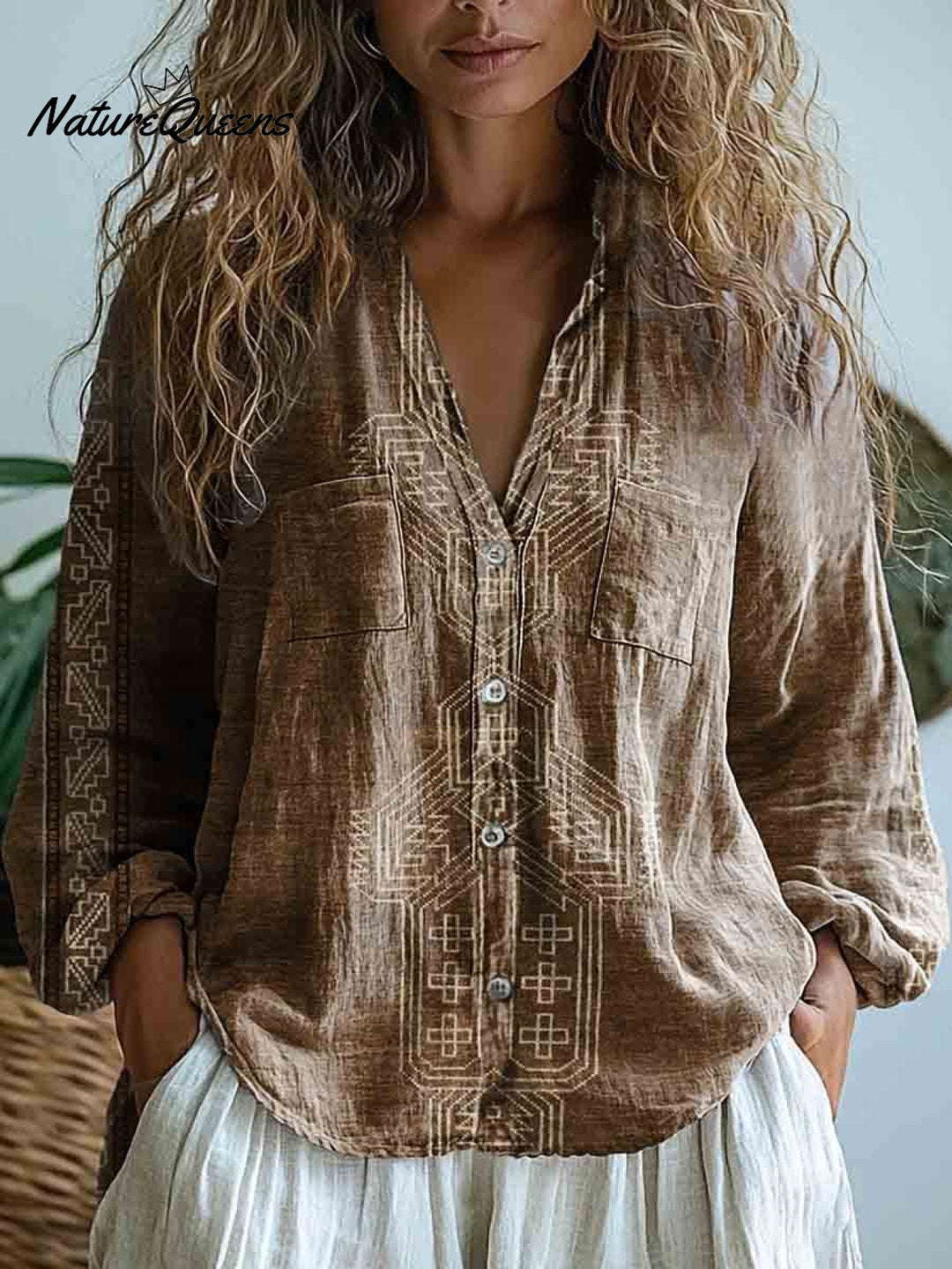 Women's Vintage Art Print Casual Long Sleeve Comfortable Cotton Shirt