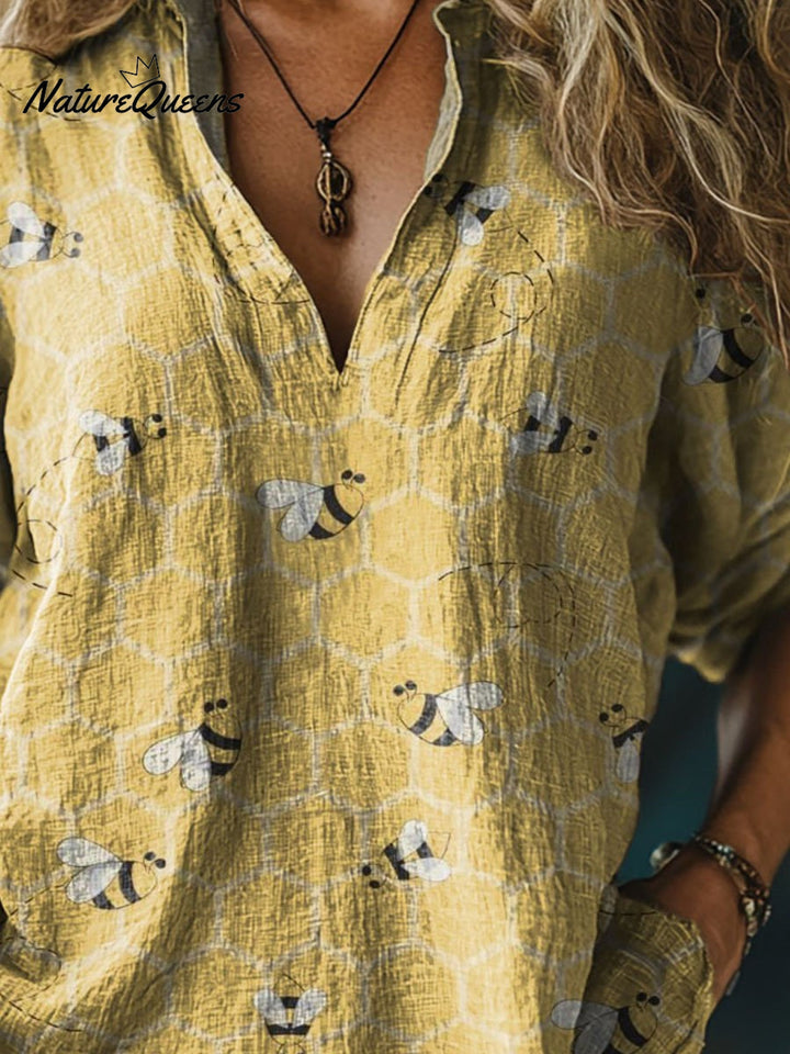 Women's Lovely Bee Art Print Casual Linen V-neck Shirt