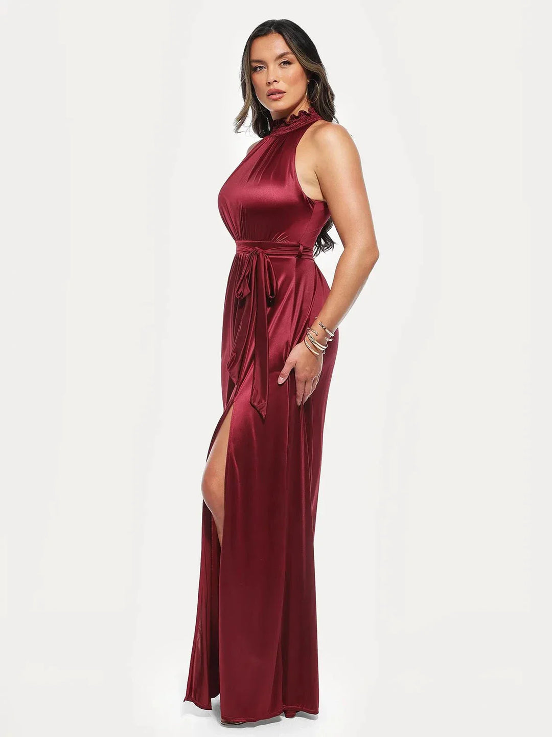 Draped High Neck Sculpting Floral-Print Maxi Dress