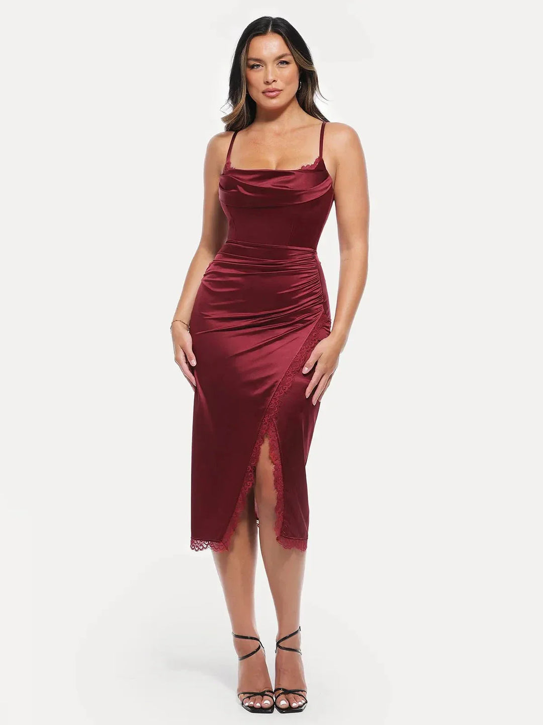 Lace Trim Sculpting Floral-Print Midi Dress