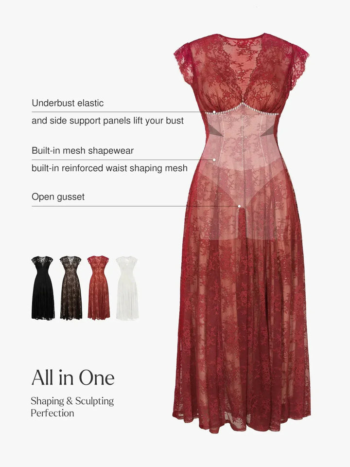 Shapewear Boho Floral Lace Front Slit Maxi Dress