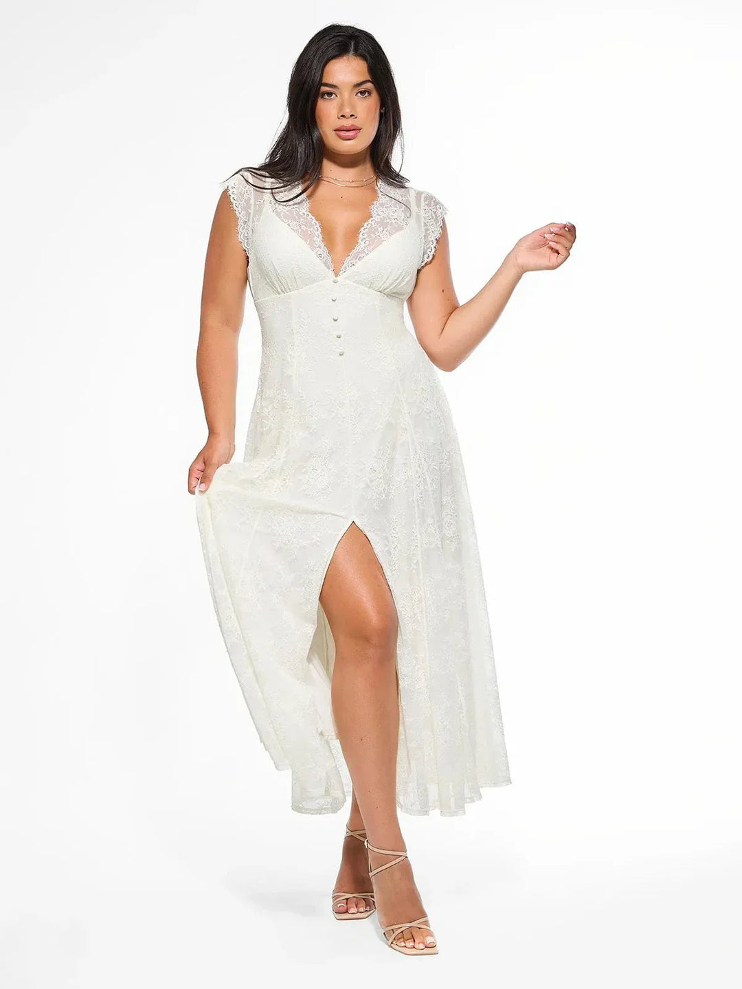 Shapewear Boho Floral Lace Front Slit Maxi Dress