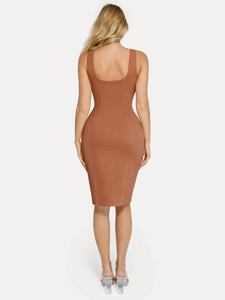 Shapewear Faux Nubuck Bodycon Sculpting Slit Midi Dress