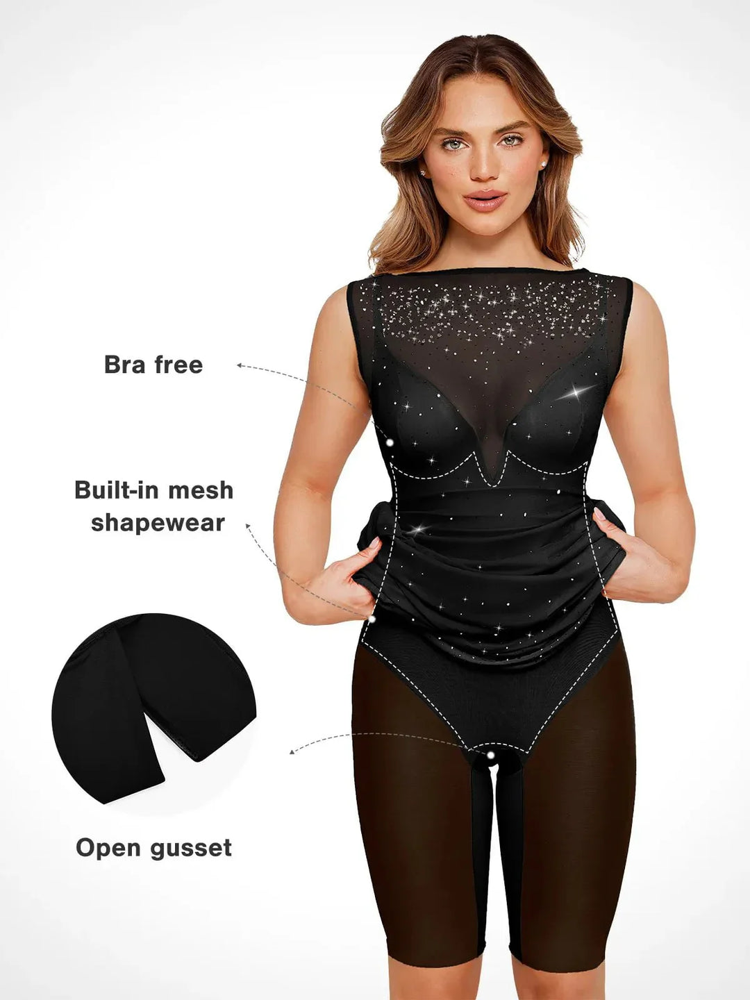 Shapewear Two-in-One Heat-Set Crystal Mesh Slim Midi Dress